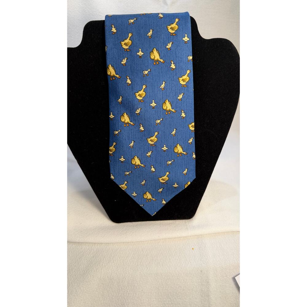 Vintage Hermes Designer 100% Silk Tie - Blue with Yellow Ducks